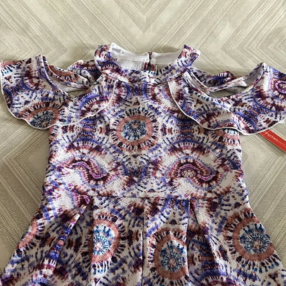 Aqua Girls Multi Color Pattern Cold Shoulder Shorts Romper